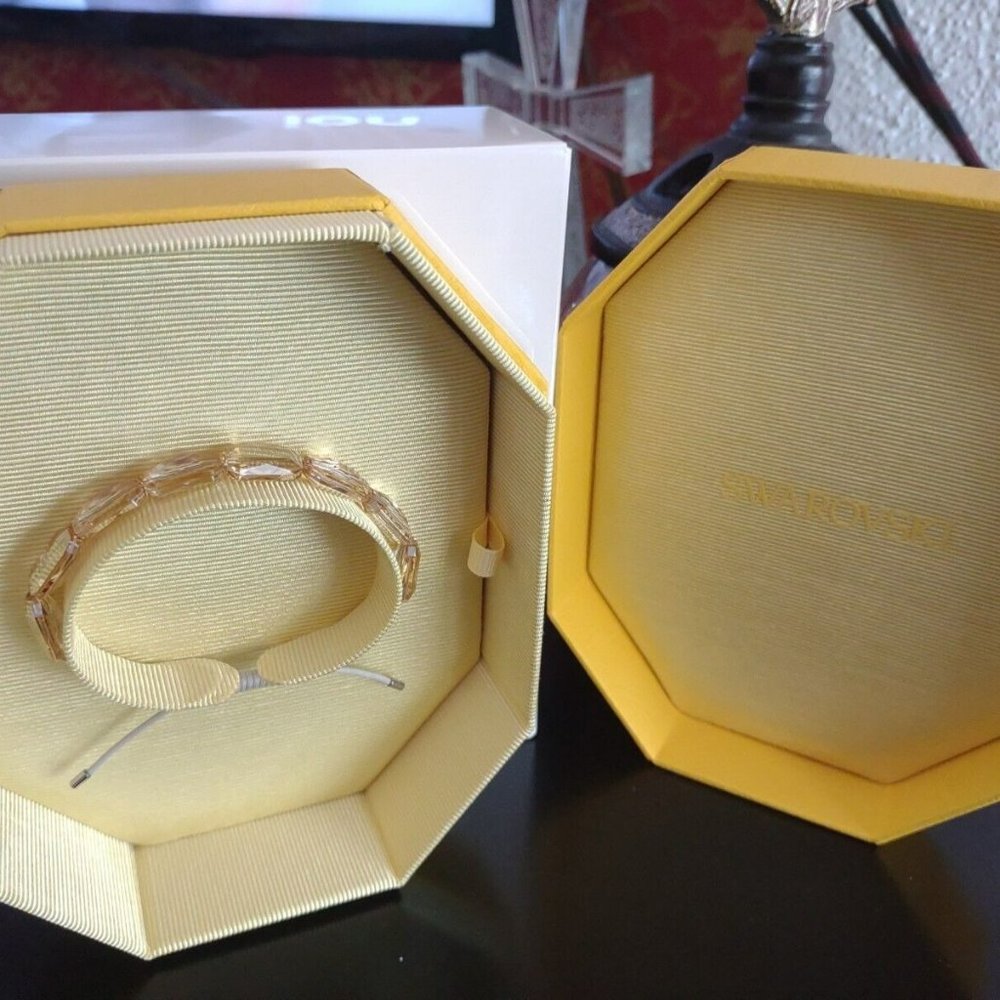 SWAROVSKI Gold Yellow Pinkish Crystal Cushion Adjustable Letra Style Bracelet